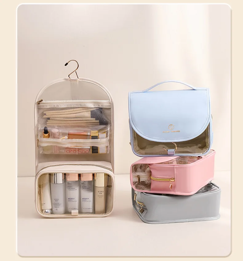 Pu Material Fashionable and Simple Unisex Hanging Toiletry Bag, with Hook, Large Capacity Portable Cosmetic Storage Bag, Transparent Pvc Waterproof Toiletry Bag, Suitable for Daily Travel, Business Trips, Hotel Vacations, Student Dormitories, Carrying and Organizing Makeup and Skincare Products, Toiletries, Etc., Dry and Wet Separation, Handheld Storage Bag, Washable Bag, Large Travel Multifunctional Hanging Bag, Makeup Bag with Hook