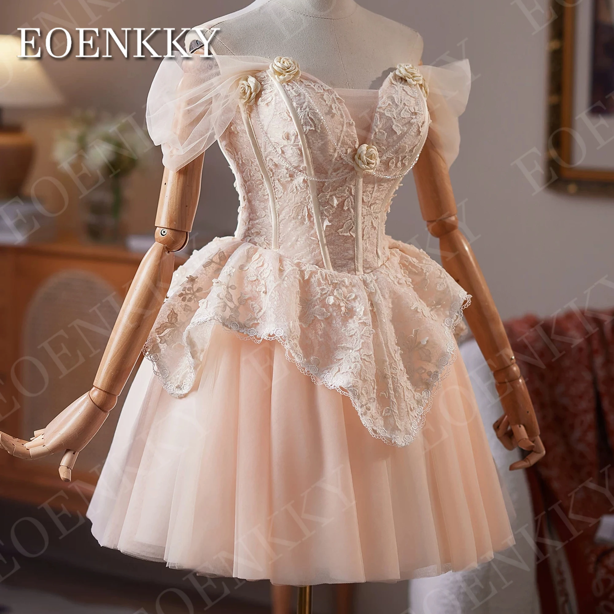 EOENKKY A Line Mini Prom Dress Luxury Off Shoulder Tulle Lace Sweetheart Cocktail Dresses Short Customized платье на выпускной