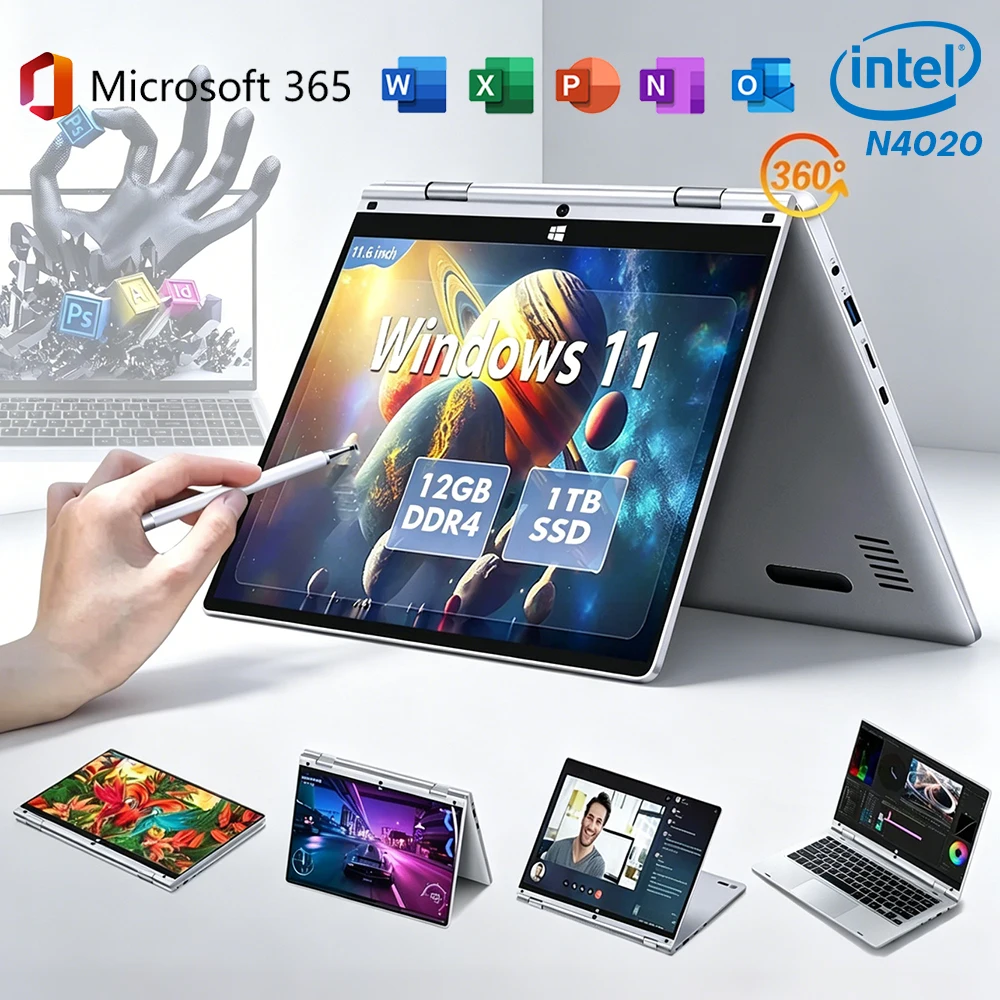 Nuevo Portátil 2 en 1 2026 con Pantalla Táctil de 11.6 Pulgadas, Intel N4020, 8GB, 256GB/512GB, Windows 11 Pro, Office, Tablet PC para Estudio