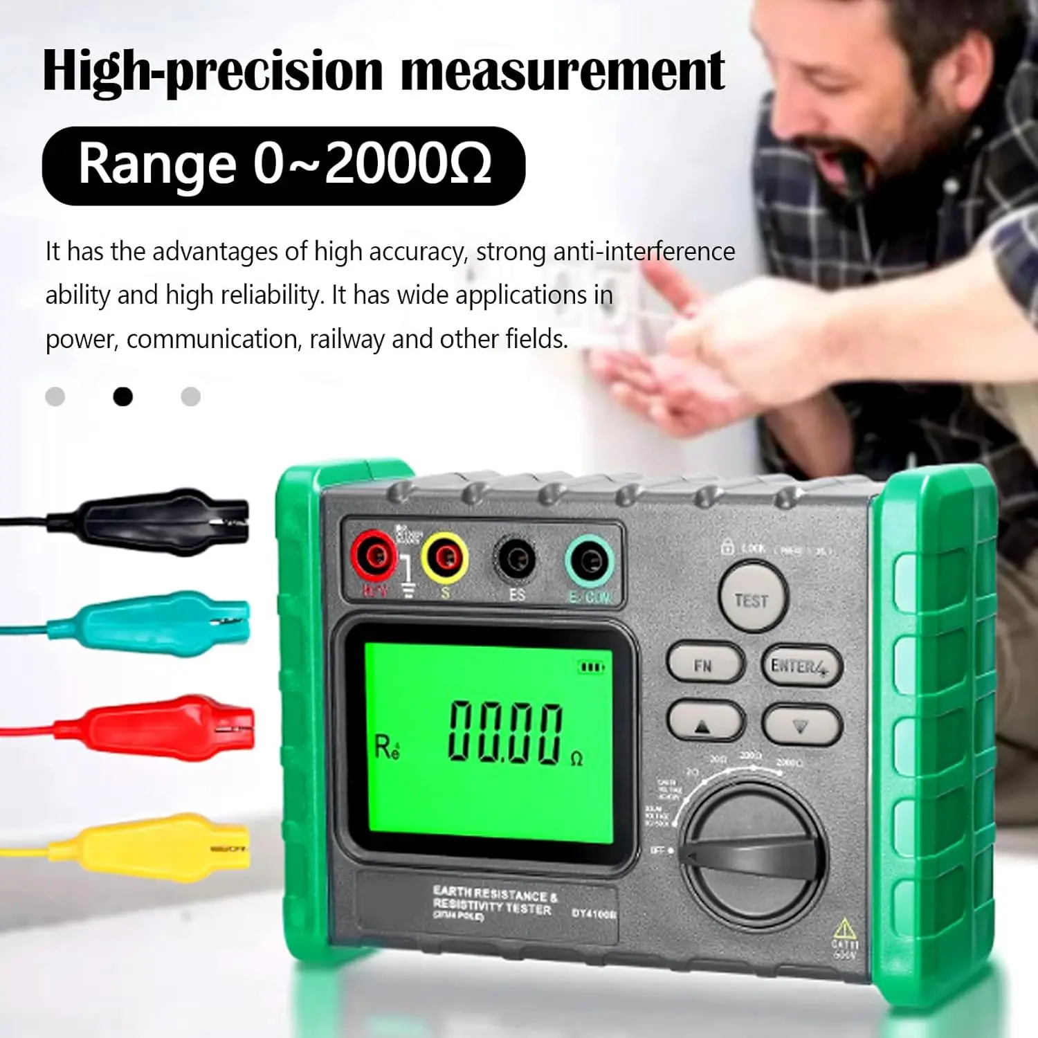 Megóhmetro digital de resistencia a tierra, megóhmetro duradero portátil de 0-2000 ohmios para pruebas profesionales