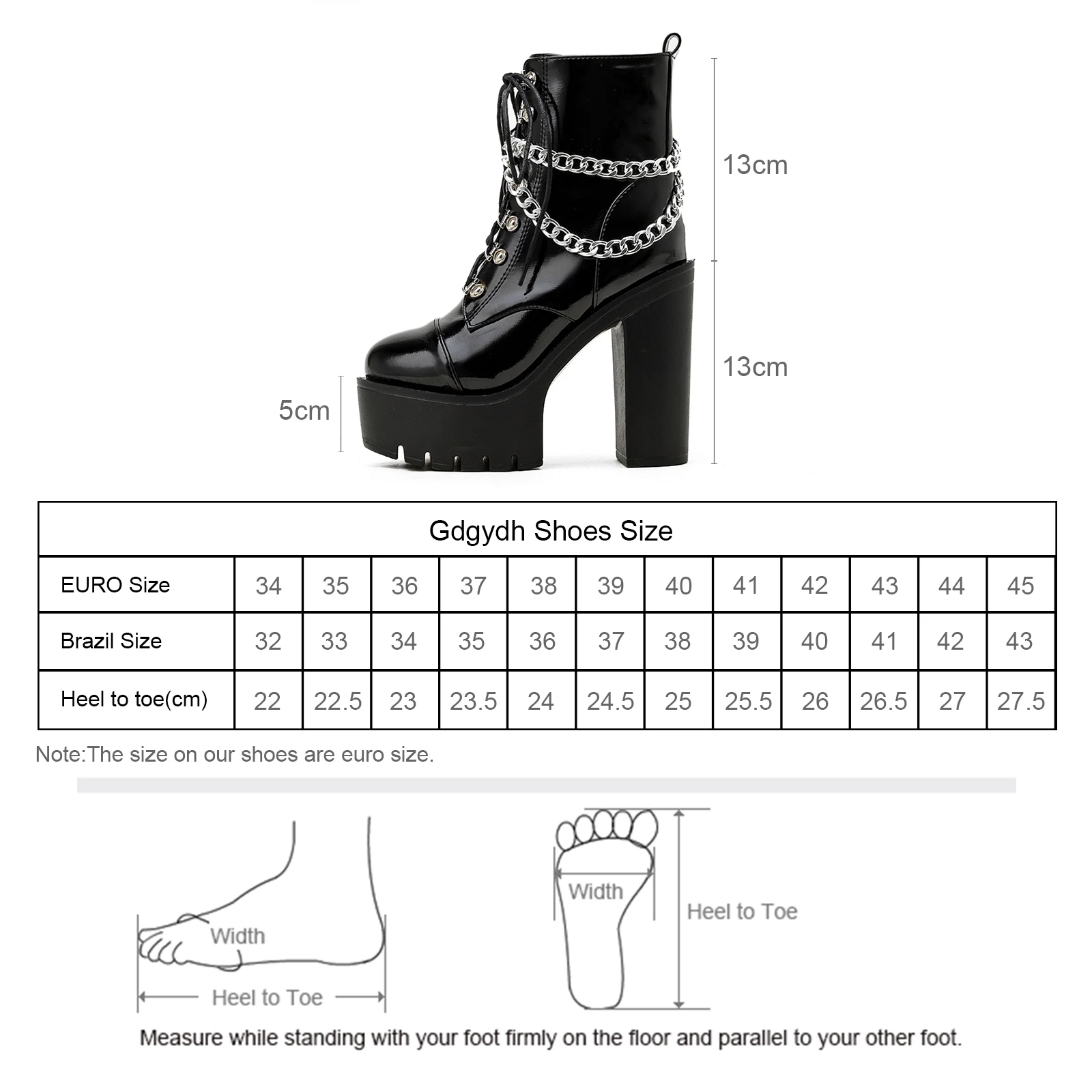 Gdgydh Women\'s Black Gothic High Heel Ankle Boots Sexy Chain Punk Style Patent Leather Platform Boots Lace Up Motorcycle Boots