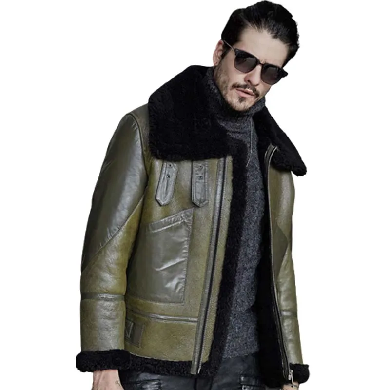 Mens Green Aviator B3 Sheepskin Shearling Jacket - Motorcycle Travel Casual Coat, Brown Winter Leather Jacket