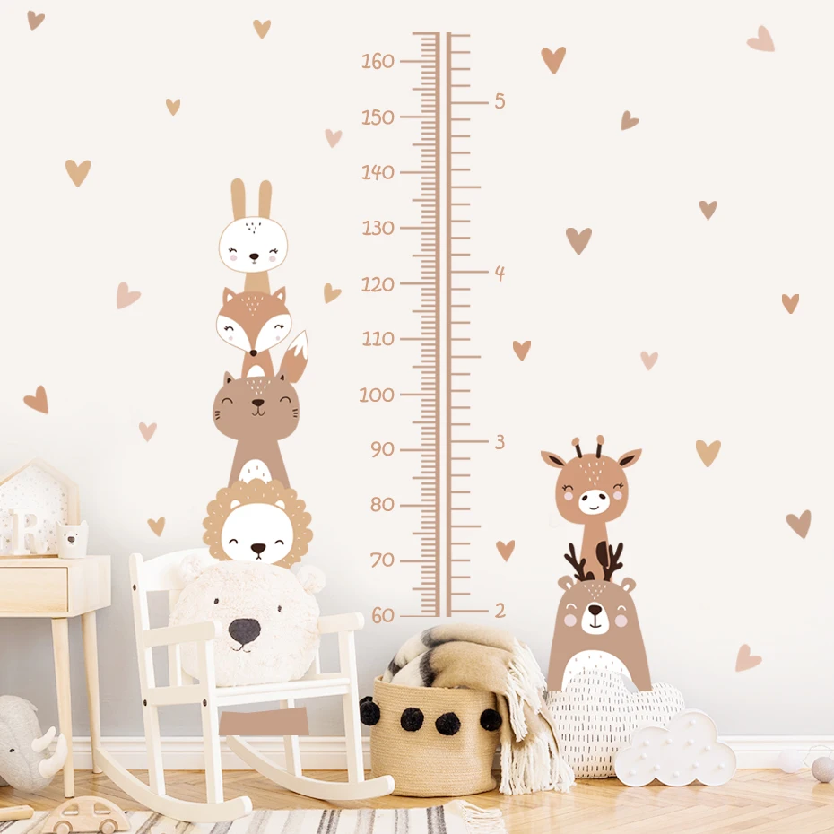 Regla de Medición de Altura para Bebés con Diseño Boho de León Sonriente, Animales y Corazones, Vinilos Decorativos para Cuarto Infantil, Decoración