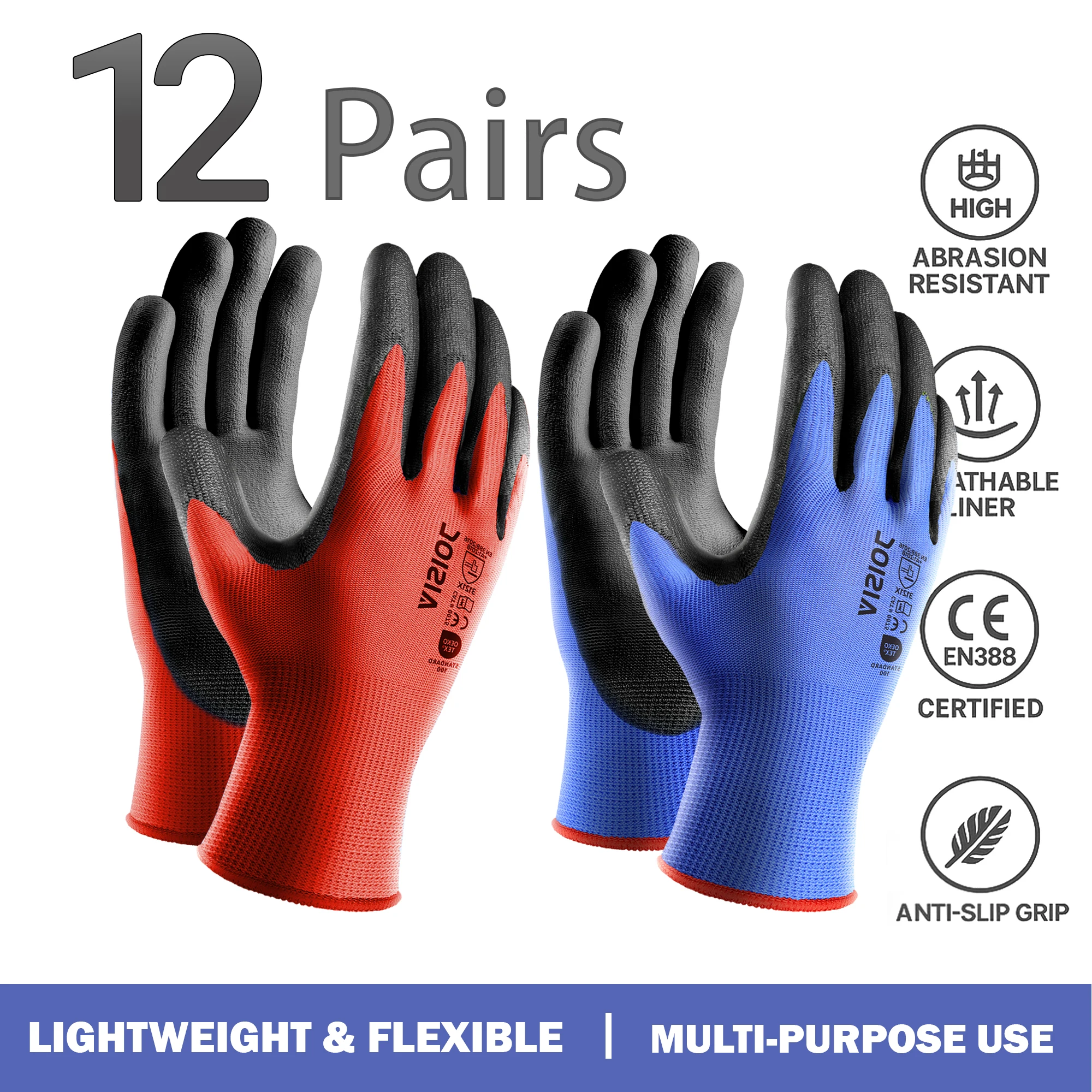 

12 пар бесшовных перчаток с полиуретановым покрытием для мужчин, прочные, нескользящие, для строительства, склада и автомобилестроения