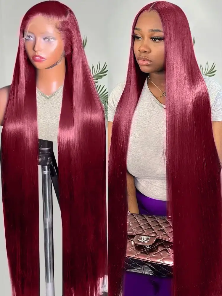 

36-дюймовые парики с кружевной передней частью 99J Burgundy из натуральных волос, предварительно прорезанные, 13x4 HD прозрачные прямые парики с кружевной передней частью из натуральных волос, плотность 200%
