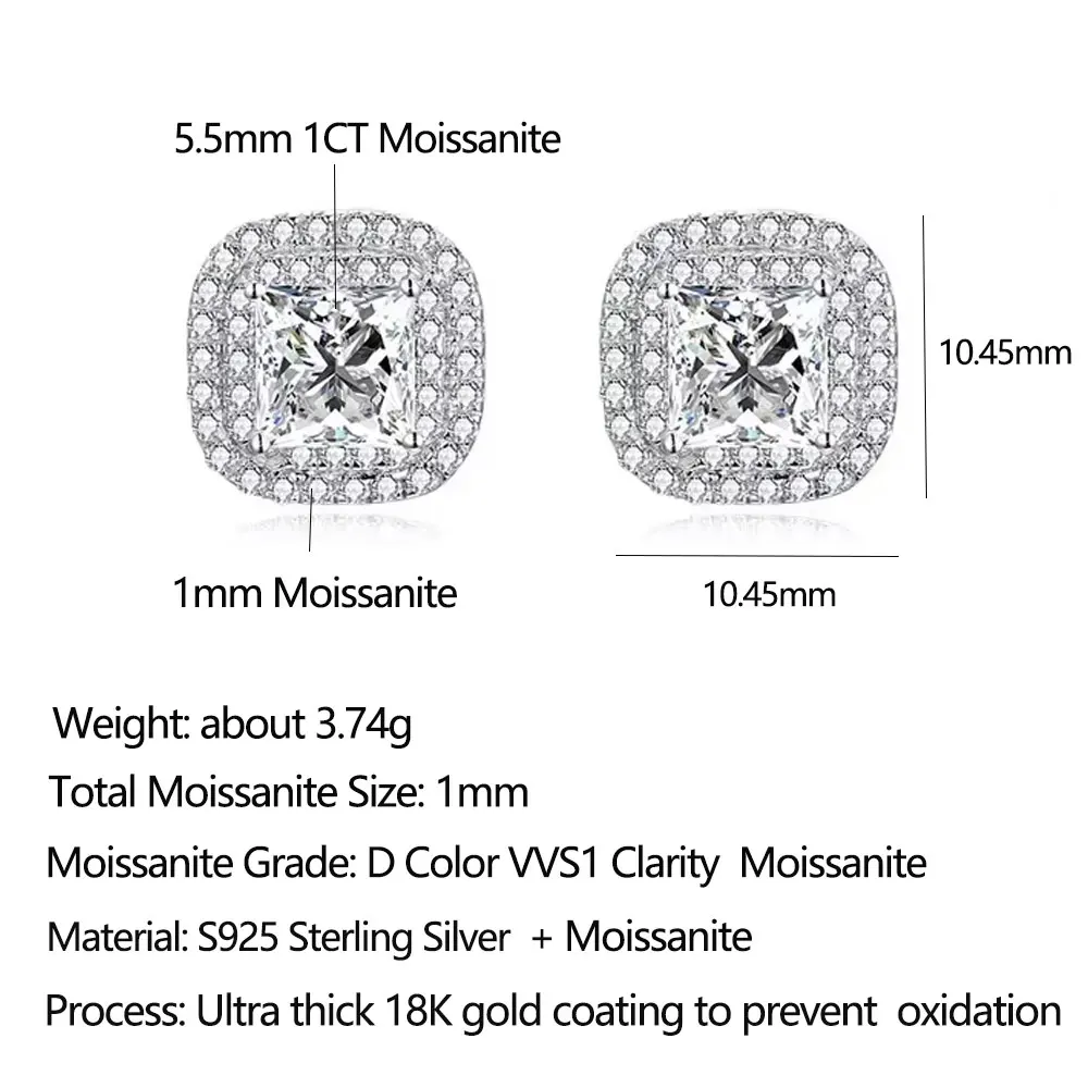 Pretty Beauty Moissanite Stud Earrings for Women S925 Silver 1CT Princess Cut Square Double Halo Diamond Hypoallergenic Jewelry