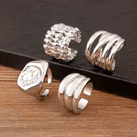 AIBEF Silver Color Irregular Copper Opening Ring For Women Men Fashion Geometric Wide Punk Rings Finger Jewelry For Party