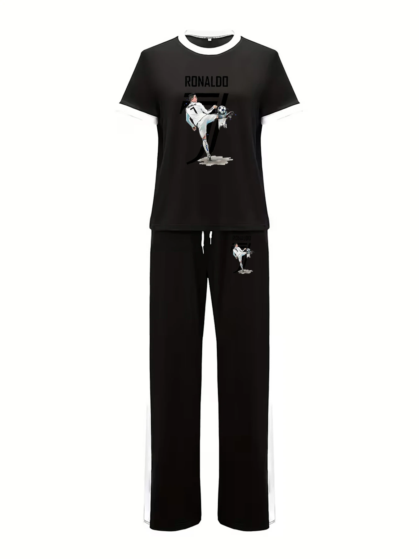 

Spring and Summer Black C Ronaldo Football Print Set with Color-Blocked Short-Sleeve T-Shirt + Jogger Sweatpants Fan Sports Two-Piece Set