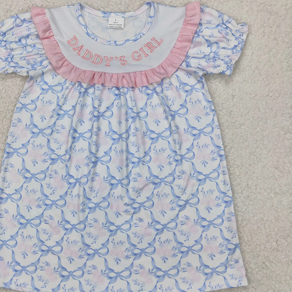 GSD2226 女の赤ちゃんサマードレス刺繍女の赤ちゃんブルー弓パパの女の子膝丈ドレス