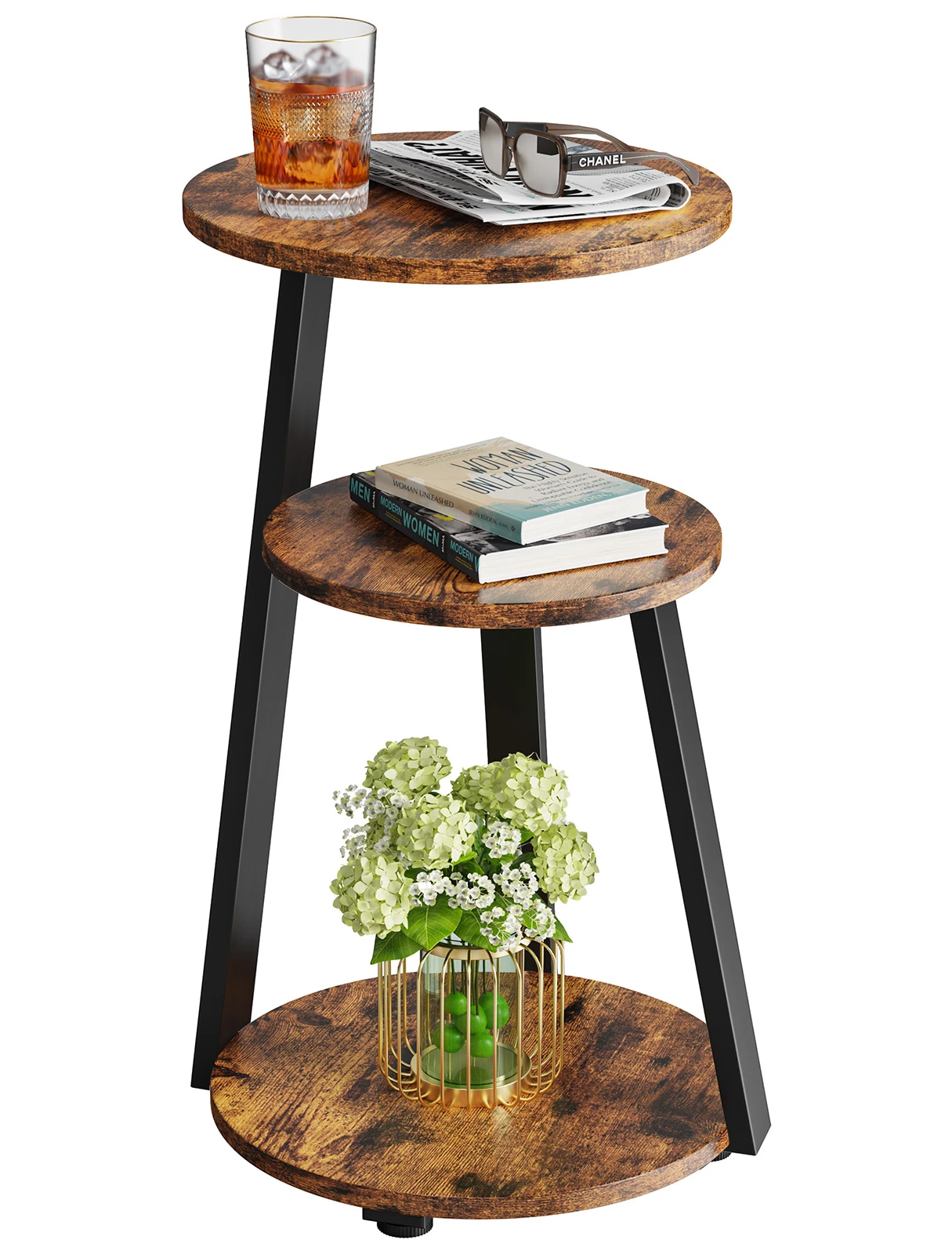 Round 3-Tier Wooden Side Table, Vintage Brown, Sturdy Metal Frame & Ample Storage, Perfect for Living Room, Bedroom, Small Space