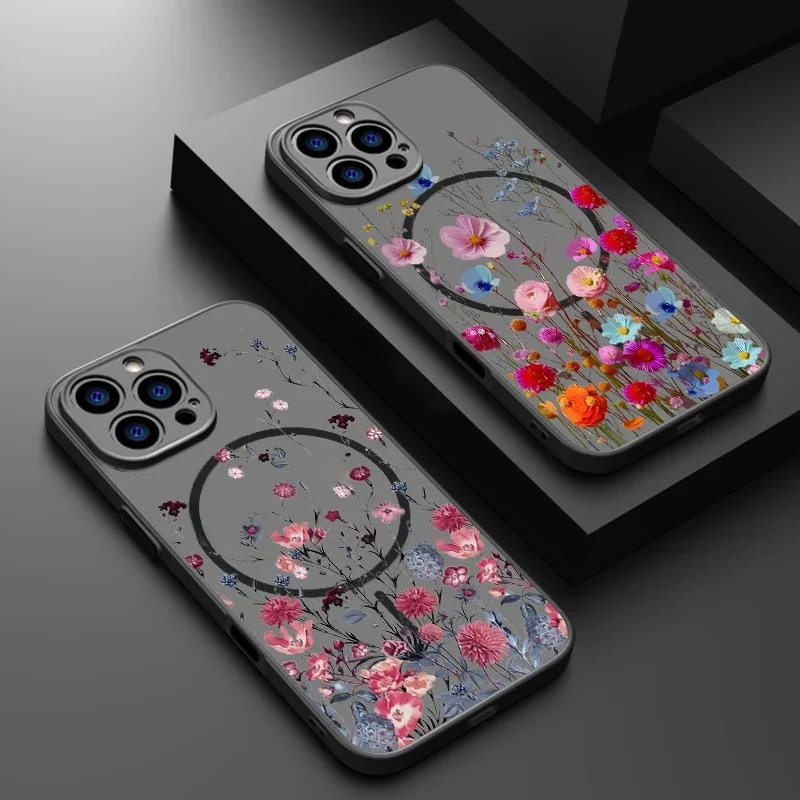Coque de téléphone translucide mate, étui arrière rigide imprimé de petites fleurs colorées Magsafe pour iPhone 17 16e 16 15 Pro 14 13 Pro Max