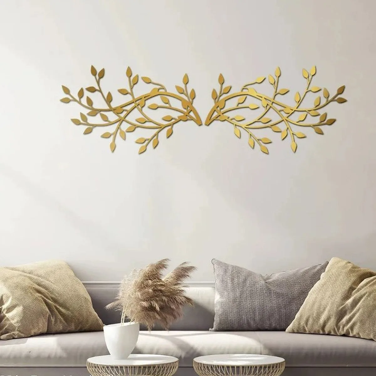 Metal Olive Leaf Wall Hanging 2pc Iron Branch Botanical Wall Decor Black Gold White