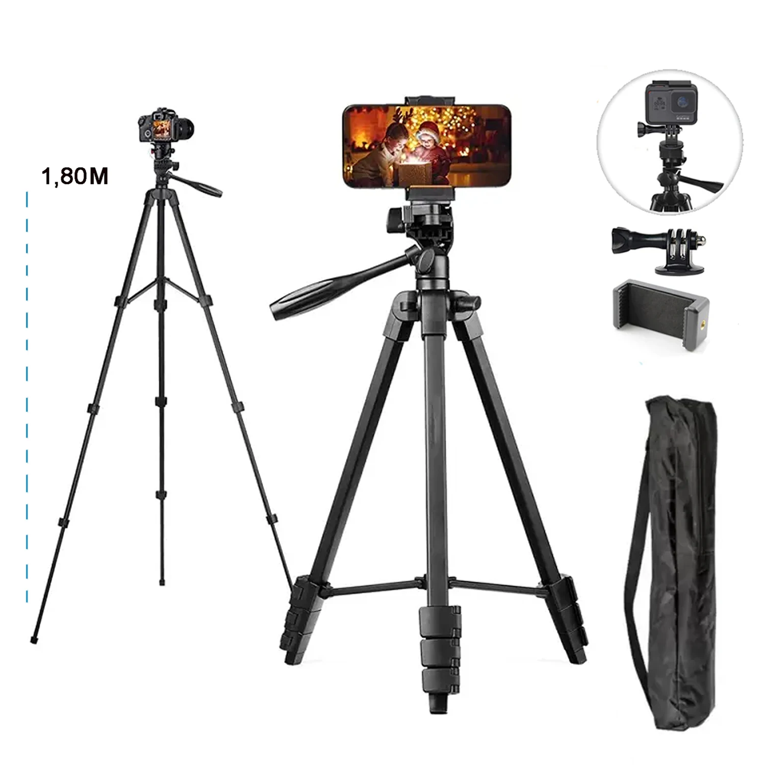 Professional Adjustable Camera Photo Tripod 1,80 Meters with Phone Holder and Carrying Bag Black MTG-3018