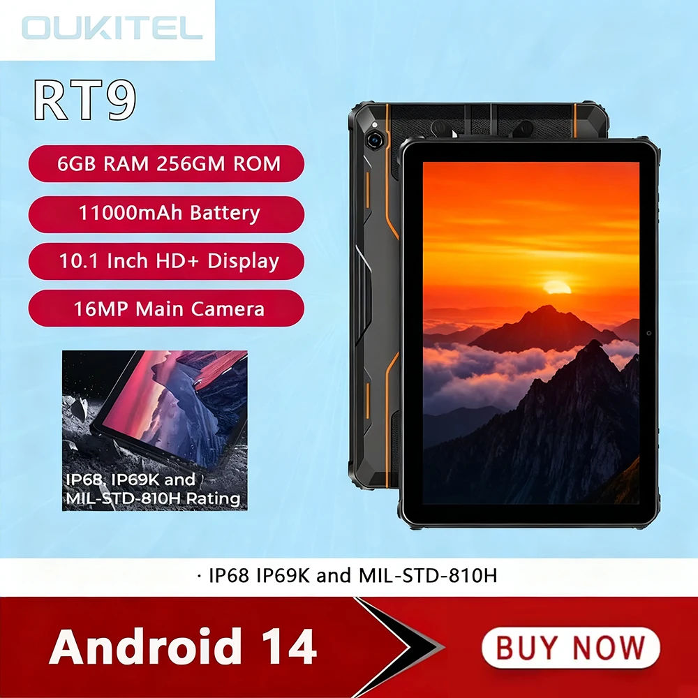 Oukitel RT9 4G Rugged Tablet 10.1 Inch HD Display 24GB RAM 256GB Waterproof Smart Pad 11000mAh Battery Android 14.0 Tablets PC