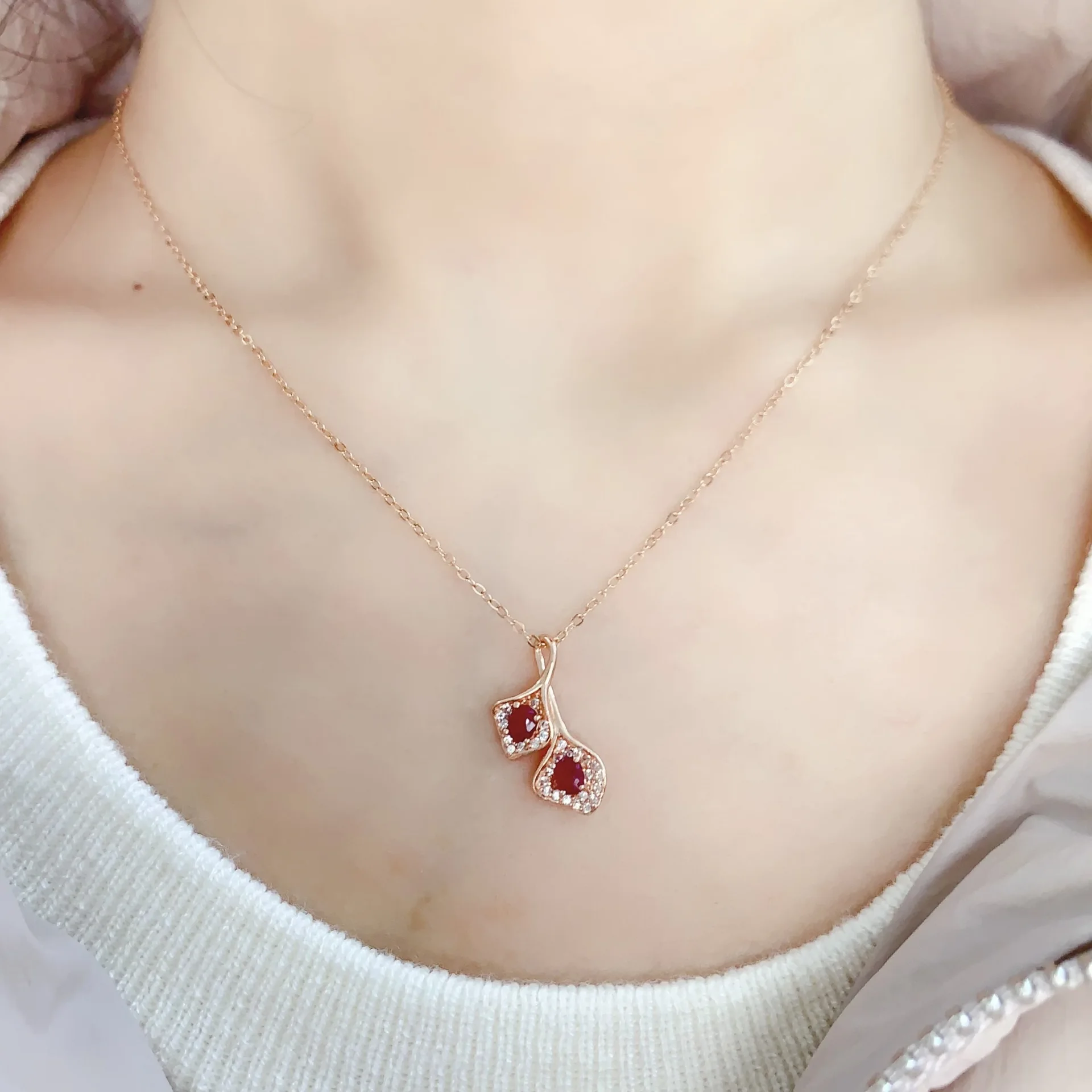 KJJEAXCMY Girl Natural 3x4mm Ginkgo Biloba Ruby Necklace Pendant 925 Pure Silver Plated Rose Gold Christmas Gift for Girlfriend