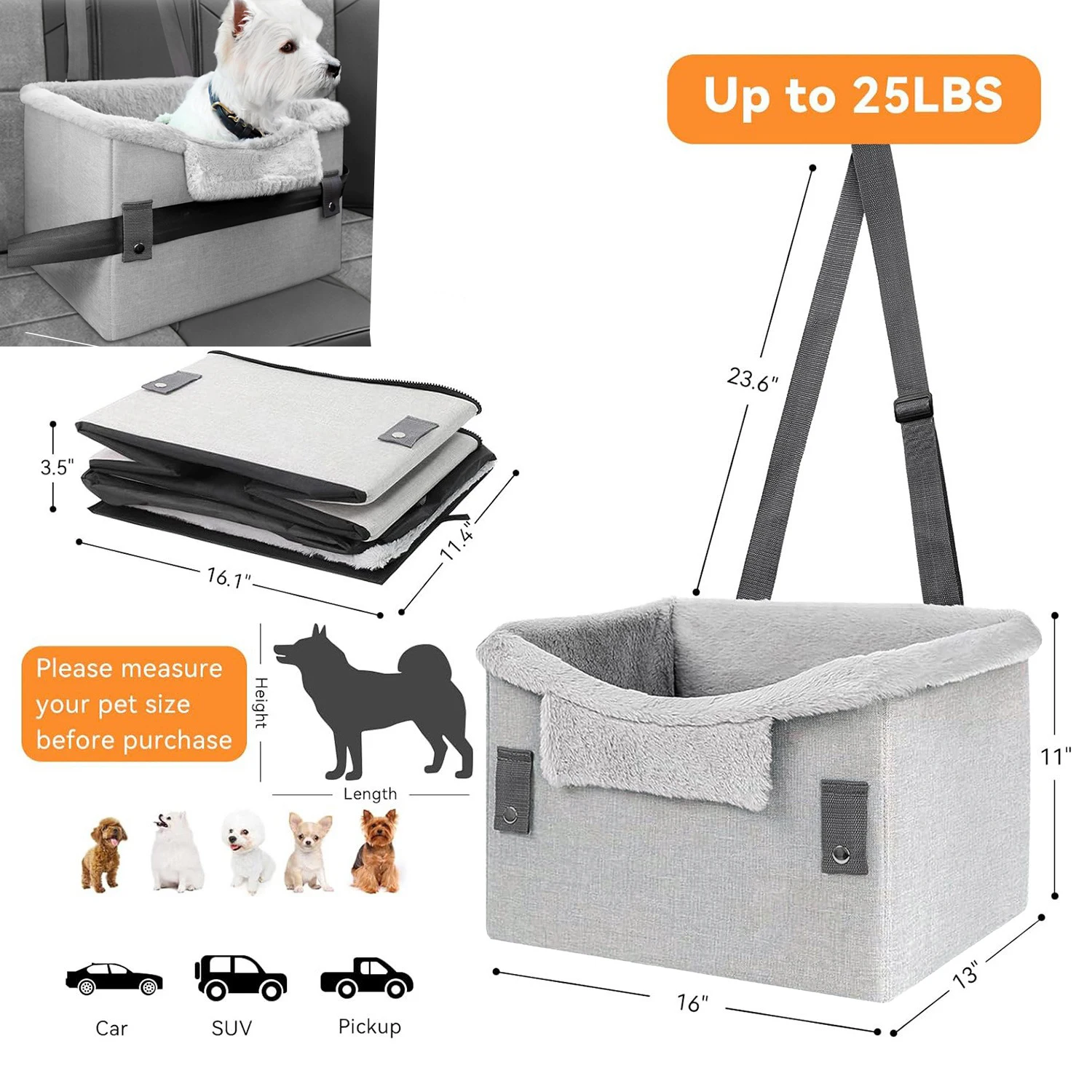 16x13x11'' Foldable Portable Car Safety Pet Seat For Dogs Cats Travel Bed Mat Pets Carrier Protector Bags Weighing Under 25kg