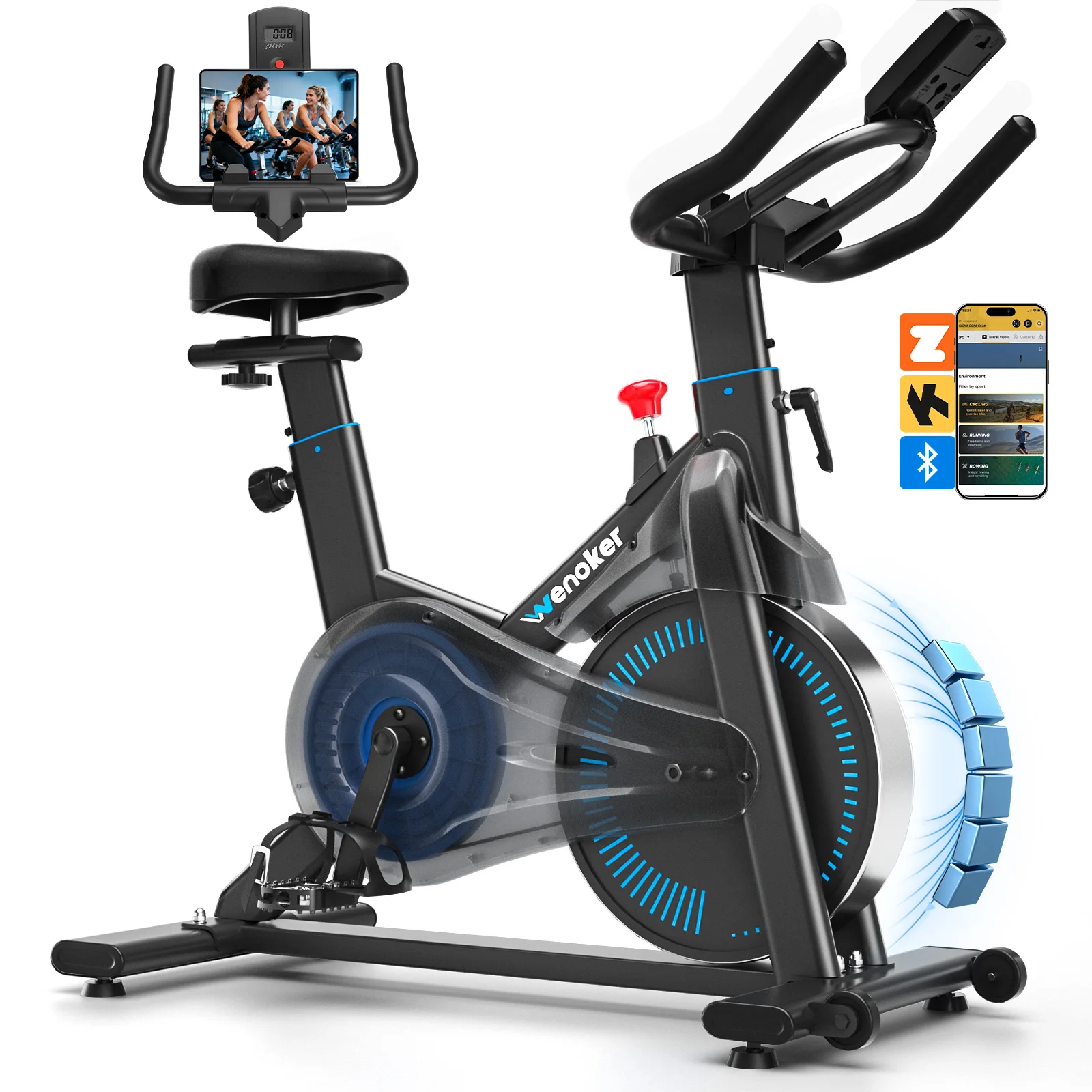 Wenoker hometrainer met app & LCD-display, stille spinningbike | Ergometer Home Trainer fiets met magnetische weerstand, tablethouder, comfortabele zitting, fitnessfiets, indoorbike, tot 160 kg.