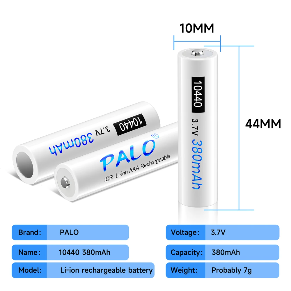 PALO 3.7V 10440 Battery 380mAh Button Top 10440 Rechargeable Lithium Battery AAA Rechargeble li-ion batteries With AAA Case