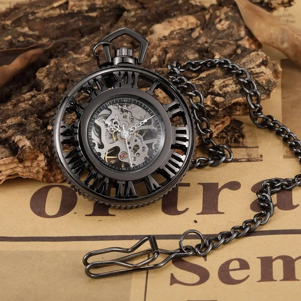 Hollow Hand-WInd Automatic Mechanical Luxury Pocket Watch Steampunk Men Watches Roman Numerals Clock With Fob Chain Reloj Hombre
