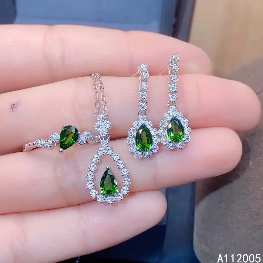 

KJJEAXCMY Fine Jewelry 925 sterling silver inlaid natural diopside ring pendant earring set party birthday Christmas gift