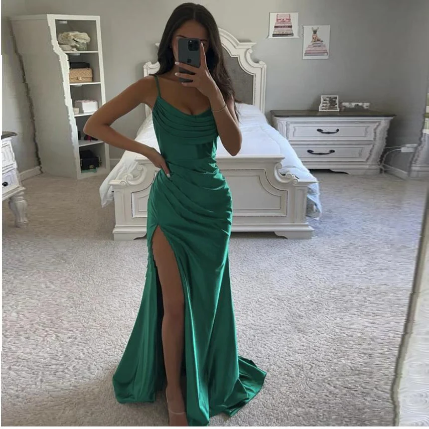 

Charming Green Women Satin Prom Dresses Mermaid Ruffle Split Spaghetti Straps Boho Bridesmaid Dress Wedding Guest Party Outfits