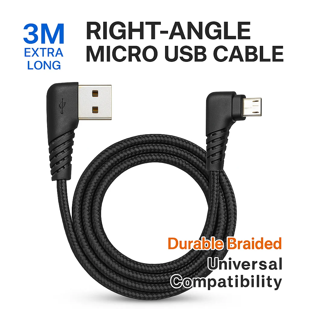 

3M USB-A to Micro USB Cable Right Angle – Extra Long Braided Fast Charging Cord for Dashcam, PS4 Controller, Power Bank, Kindle