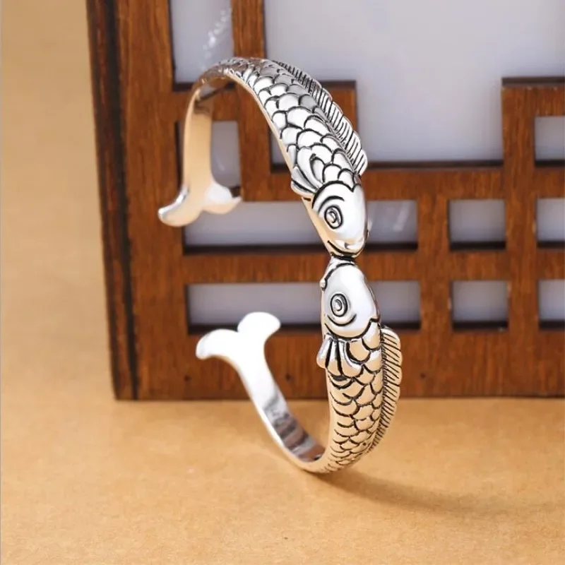 Neue exquisite süße Fisch Sterling Silber Schmuck nicht allergische Armbänder Stempel Doppel fisch ethnischen Stil Retro Armreifen sl006