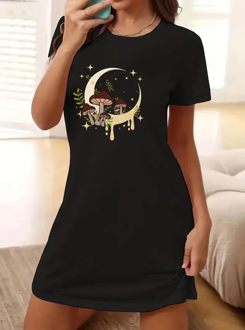 Mushroom and Moon Print Graphic Off Shoulder T-Shirt Summer Women's Mid-Length Fashion Dress