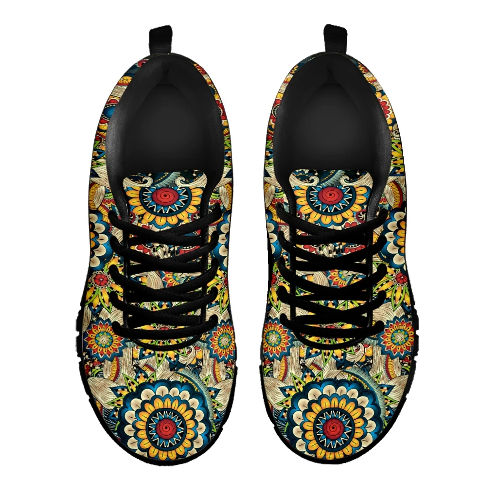 INSTANTARTS Bohemia Paisley Mandala Design Lace-up Flats Lightweight Mesh Sneakers for Women Shockproof Walking Footwear Gifts