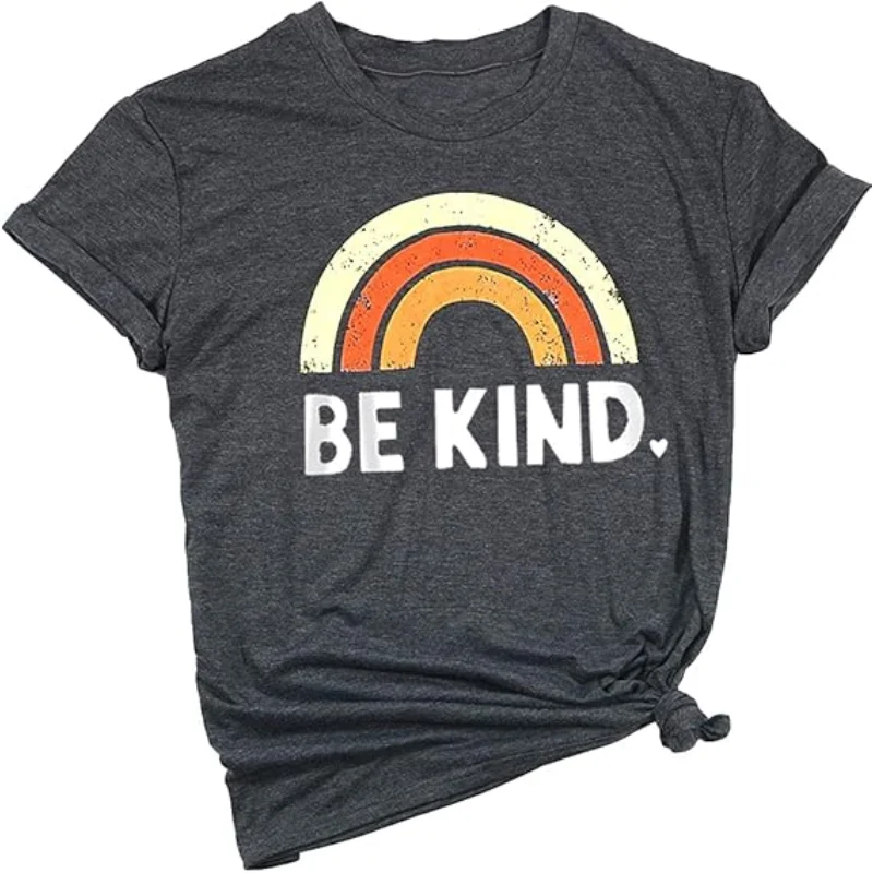 

100% Cotton Multicoloured Rainbow Design Short Sleeve Summer Tops Funny Letter Print Crew Neck Casual Loose Cute T Shirts