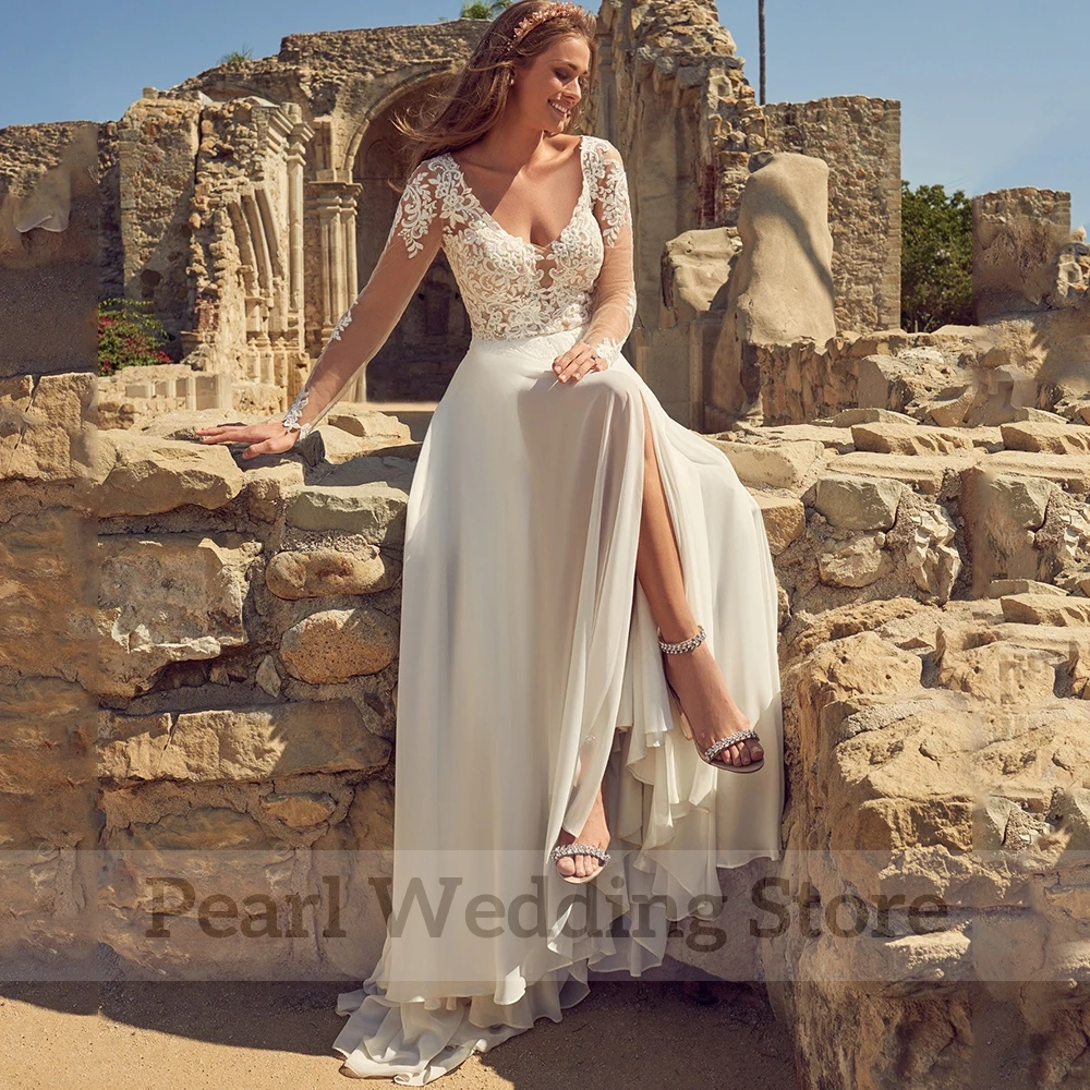 Elegante abito da sposa Boho classico Applique Tulle manica lunga in Chiffon a-line lunghezza del pavimento fessura anteriore abiti da sposa con scollo a v profondo