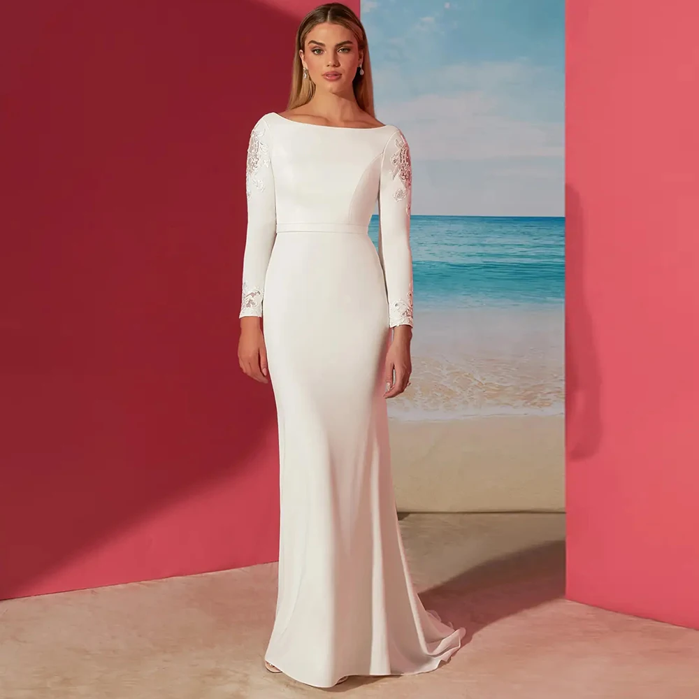 

Simple Boat Neck Jersey Sheath Wedding Gowns with Appliques Long Sleeves and Sweep Train Sexy Open Back Bridal Dress Custom Made