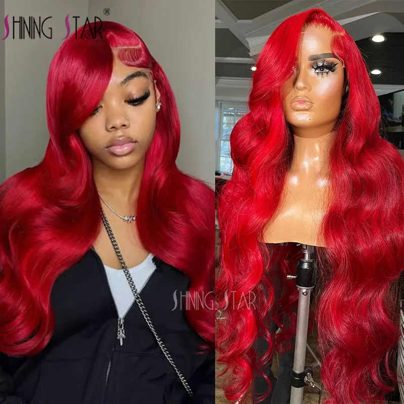 

Hot Red Body Wave 13X6 Transparent Lace Front Wigs Pre Plucked 180 Density 100% Human Hair 13X4 Lace Frontal Wig Black Women