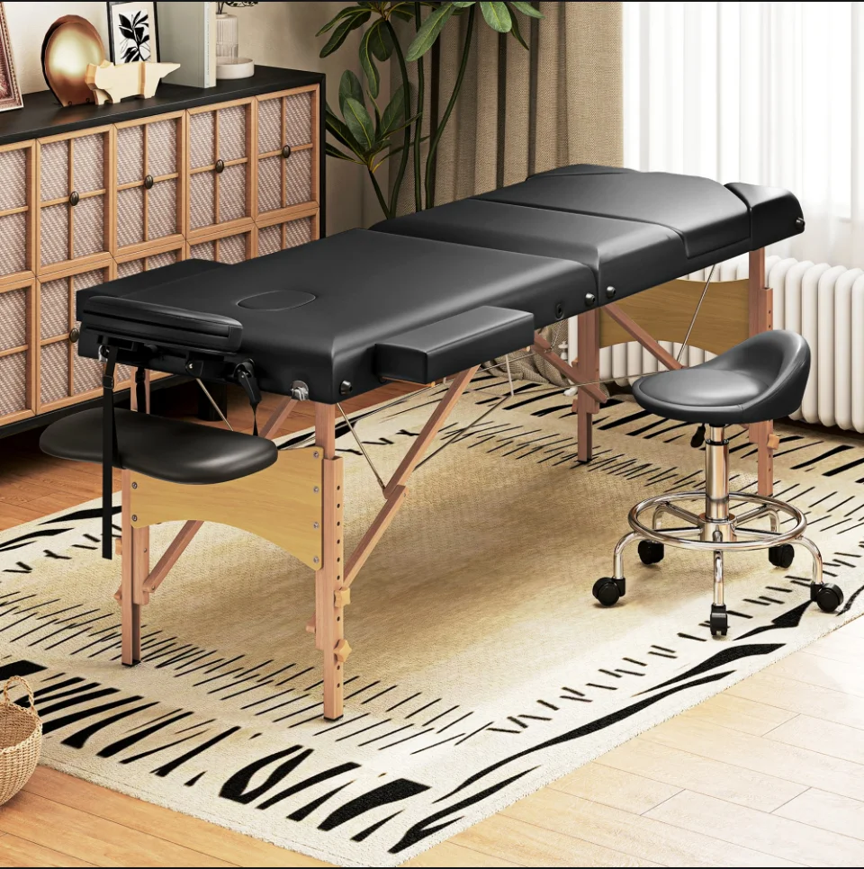 Immagine 7: Lettino da Massaggio Pieghevole in Legno a 3 Zone con Poggiatesta e Braccioli Regolabili 215x60x62-89 cm Nero