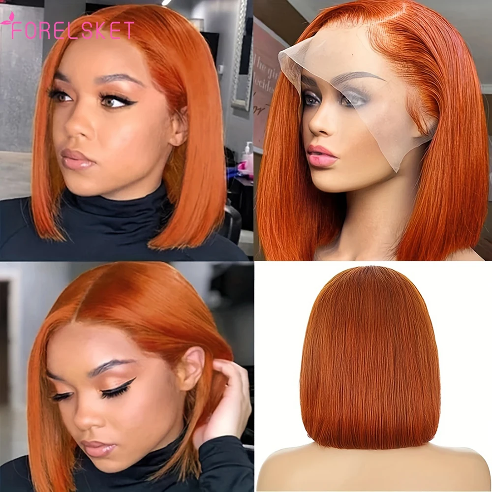 Peruca reta Bob para mulheres, pré arrancadas, atalho, cabelo virgem peruano, peruca de renda, renda HD, laranja Bob, parte do meio, densidade a 180%, 13x4