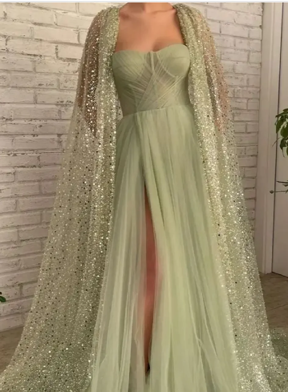 Sage Green A Line Prom Dresses Glitter Sequin Cape Sweetheart High side Slit Maxi Evening Gowns Formal Party Vestido De Graduaci