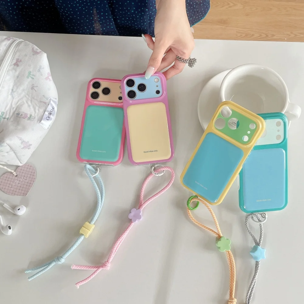 

Korean Cute Candy Color Phone Case For iPhone 17 16 Pro Max 15 16 15 Pro 17 Max Case With Chain Shockproof Cover For Apple 17Pro