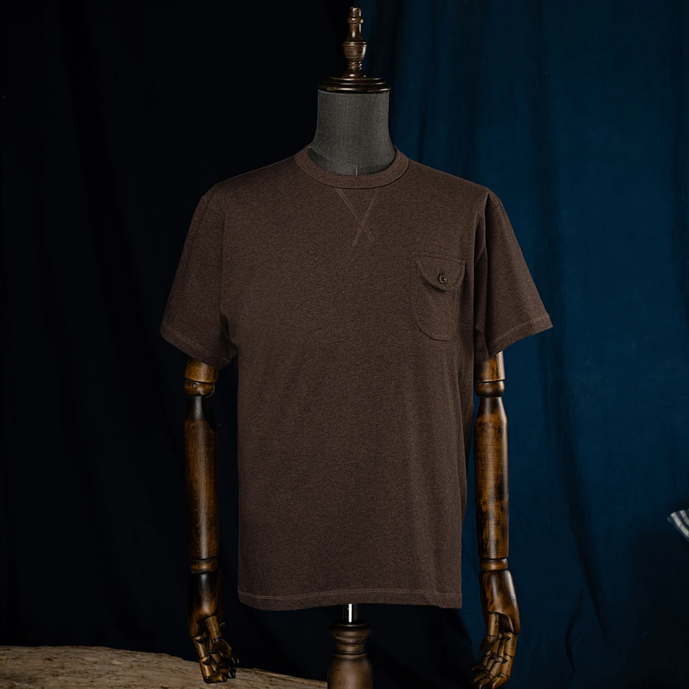 

2025 New Summer Vintage Cotton Casual T-Shirt Men Brown Short Sleeve T-Shirt Basic Soild Round Neck Pocket T-Shirt