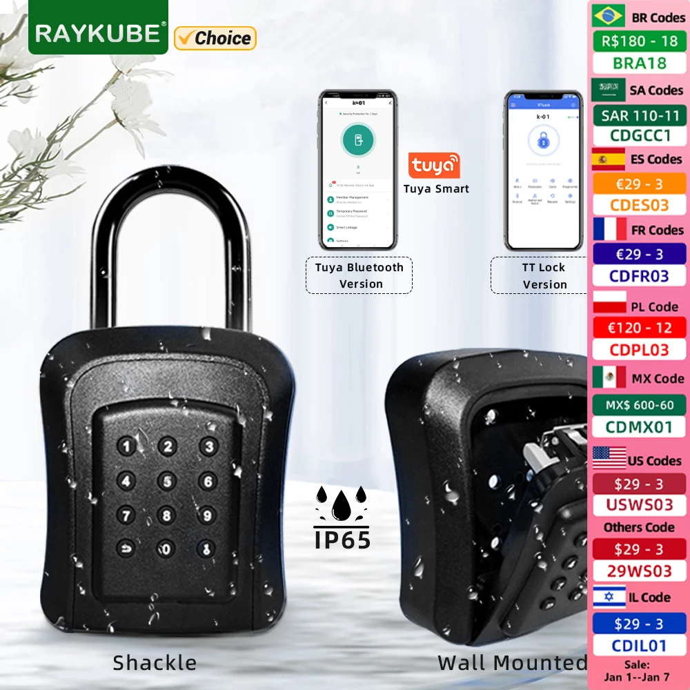 RAYKUBE IP65 Waterproof Metal Smart Wall Mount Key Lock Box Security Lock with Tuya/ TT Lock APP/Password Unlock for Key Safe