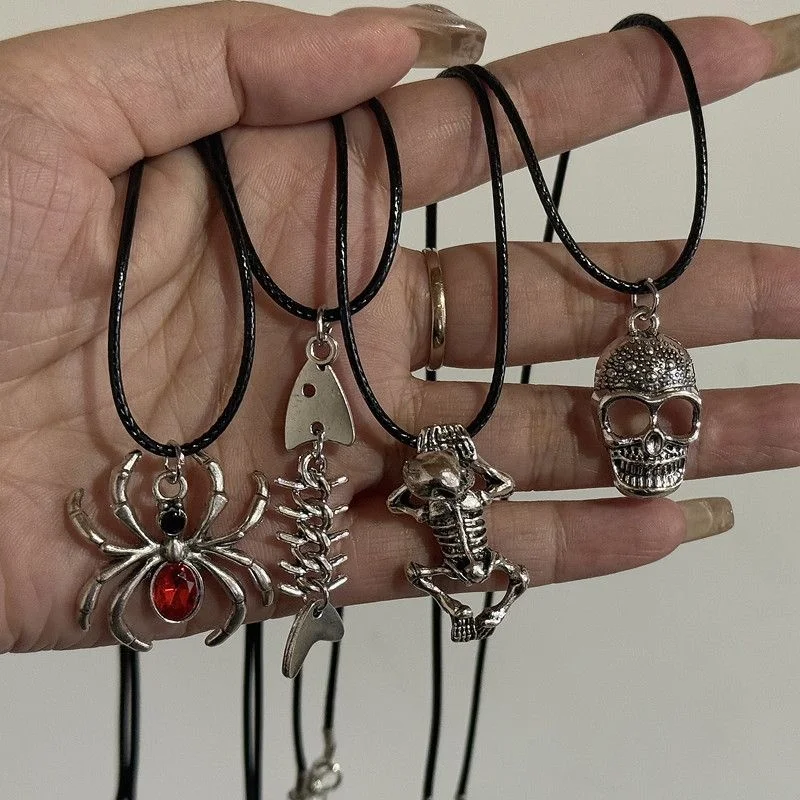 4Pcs Gothic Necklace Set, Black Wax Rope Spider Fishbone Skeleton Pendant Necklace Dark Punk Aesthetic Jewelry