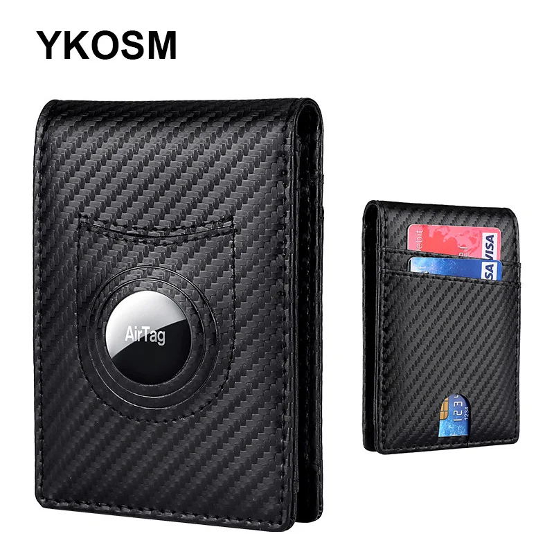 Carbon Fiber Airtags Wallet Genuine Leather Slim Wallets RFID Blocking Card Holder Anti-lost Folding Purse Men Cash Clip Wallet