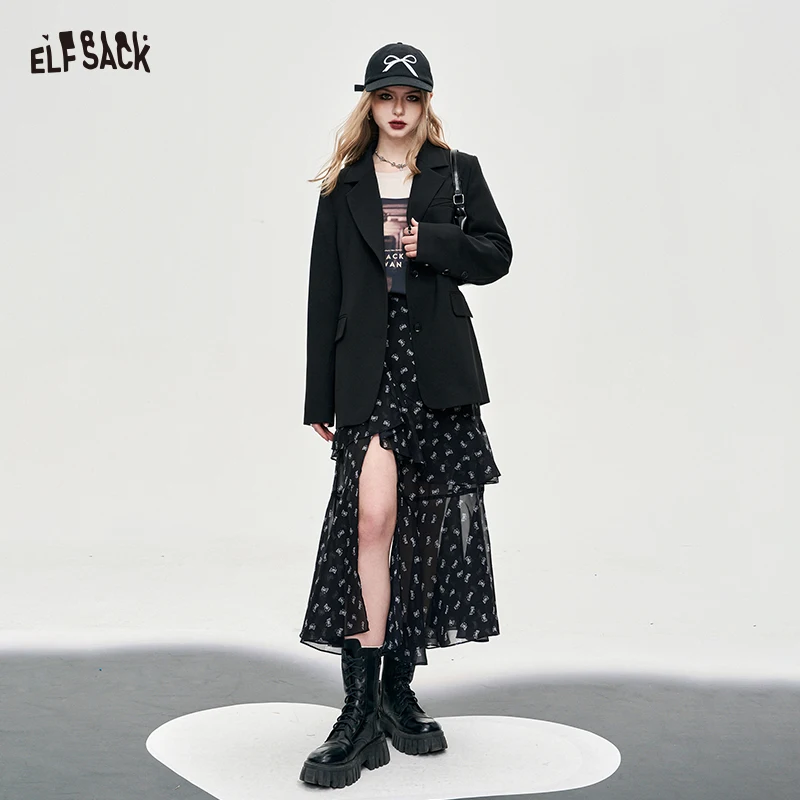 

ELFSACK Bowknot Print Midi Skirt for Women, Elegant Black Ruffle Mesh Layered Skirt, Gothic Aesthetic High Slit Fairy Bottom