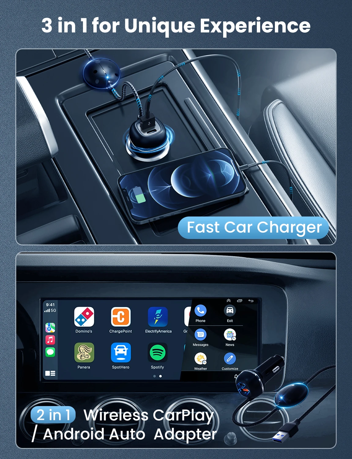 3in1 لتجربة فريدة 2in1 Carplay اللاسلكية وأندرويد السيارات محول صغير شاحن سيارة واي فاي BT توصيل التوصيل والتشغيل صندوق عالمي