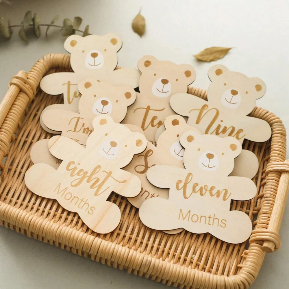 Newborn Baby Wooden Monthly Milestone,Flower and Bear Shaped Wooden Plaque,Perfect For Birthday Photography Props,Birthday Gift