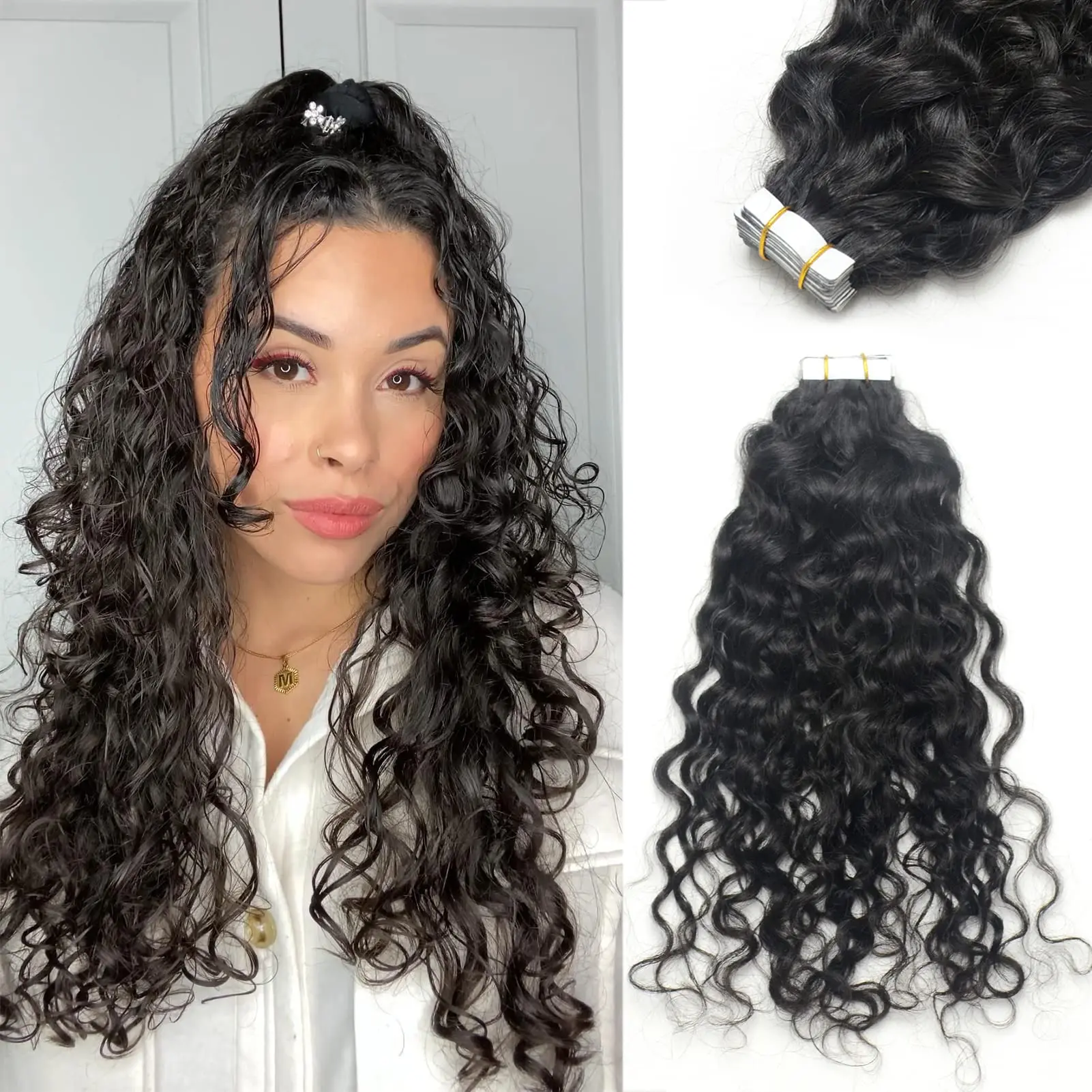 

Лента с глубокими волнами для наращивания волос, человеческие волосы Jerry Curly, натуральная черная невидимая двусторонняя лента для чернокожих женщин