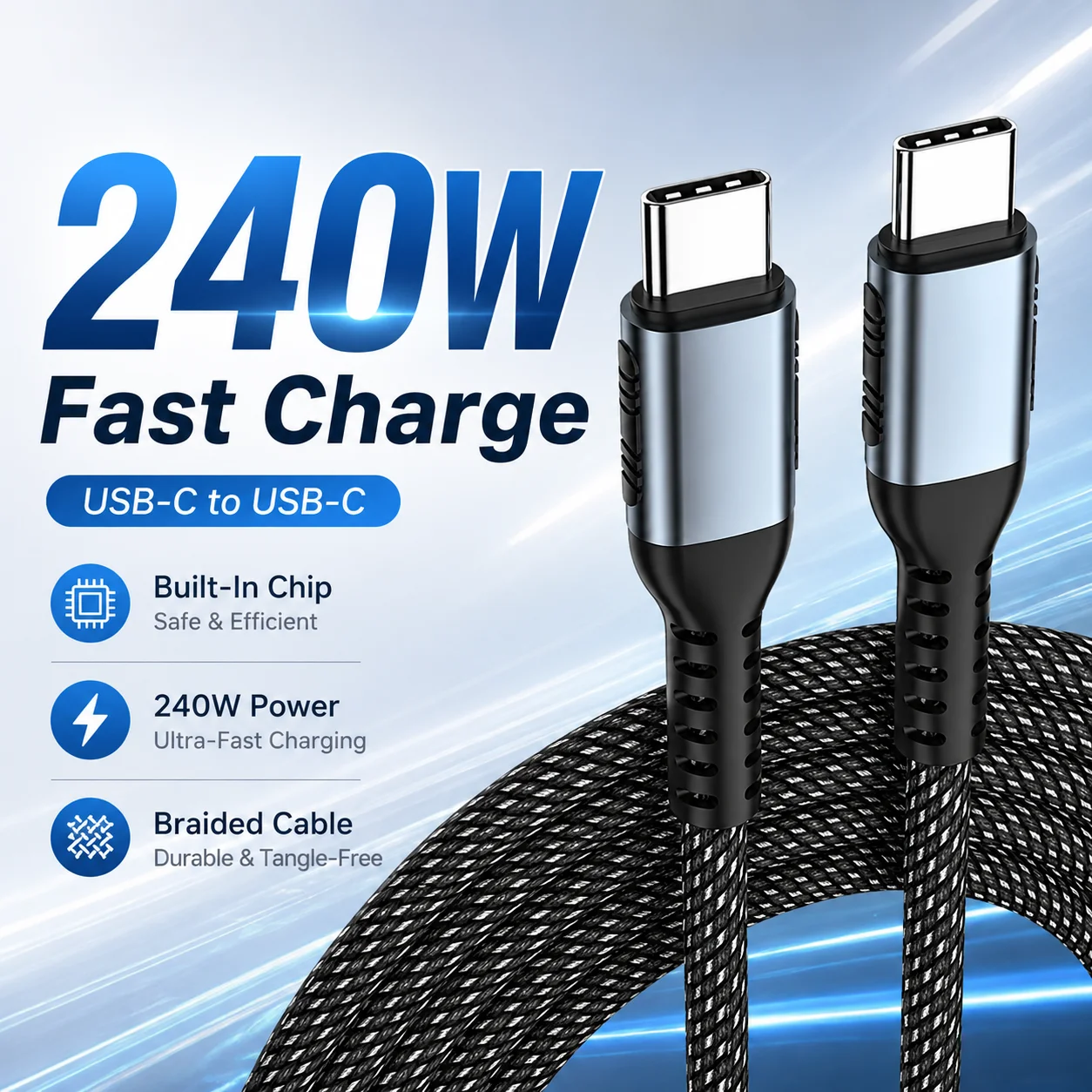 Cabo de Carregamento Rápido USB-C para USB-C 240W PD 3.1 5A com Chip E-Marker, Cabo de Carregador Tipo-C Trançado em Nylon para Laptop, Tablet e Telefone