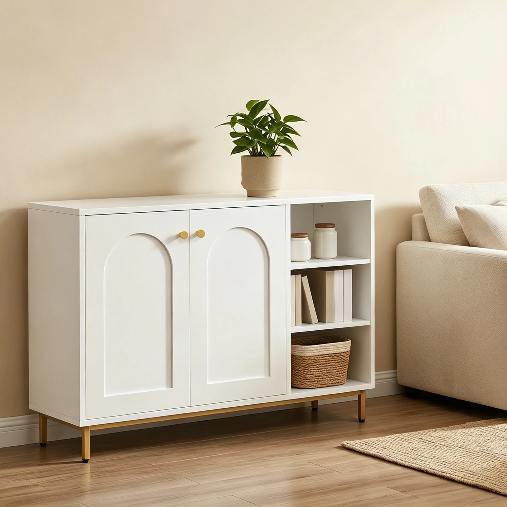 Mobiletto da bagno con ante a due sportelli, ripiano regolabile e tre scomparti aperti. Mobiletto laterale per bagno, soggiorno o cucina, dimensioni 35 x 100 x 75 cm, colore bianco e oro.