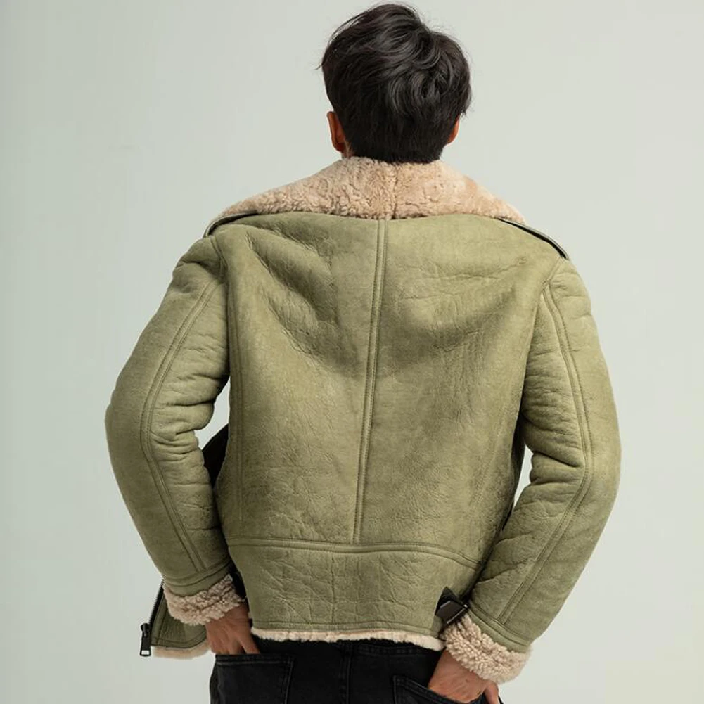 Denny&Dora Men's Shearling Jacket Mens B3 Pilot Jacket Green Casual Coat Warm Winter Coat