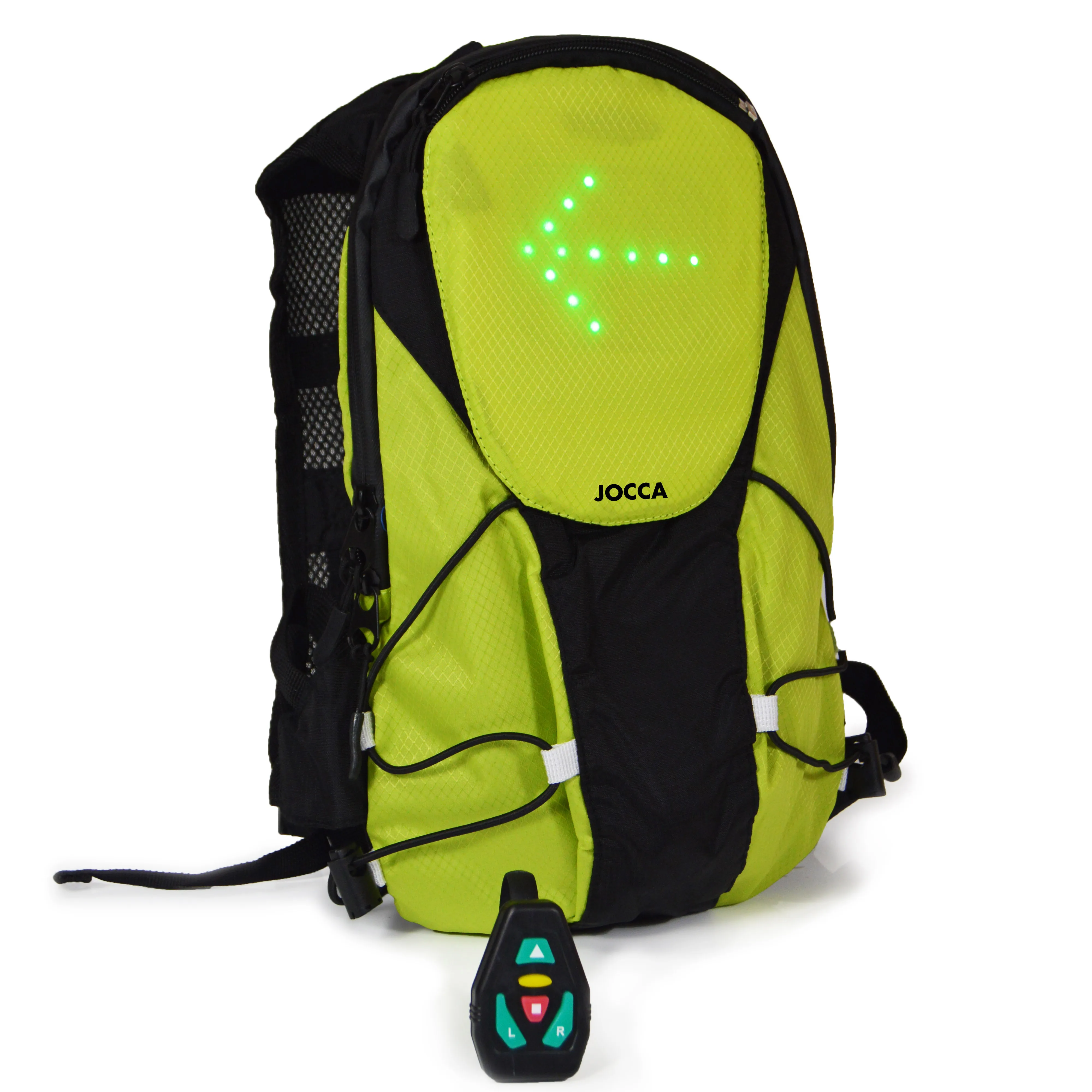 JOCCA bicycle backpack with indicators. UNISEX reflective bag and LED road safety indicator light. Wireless USB