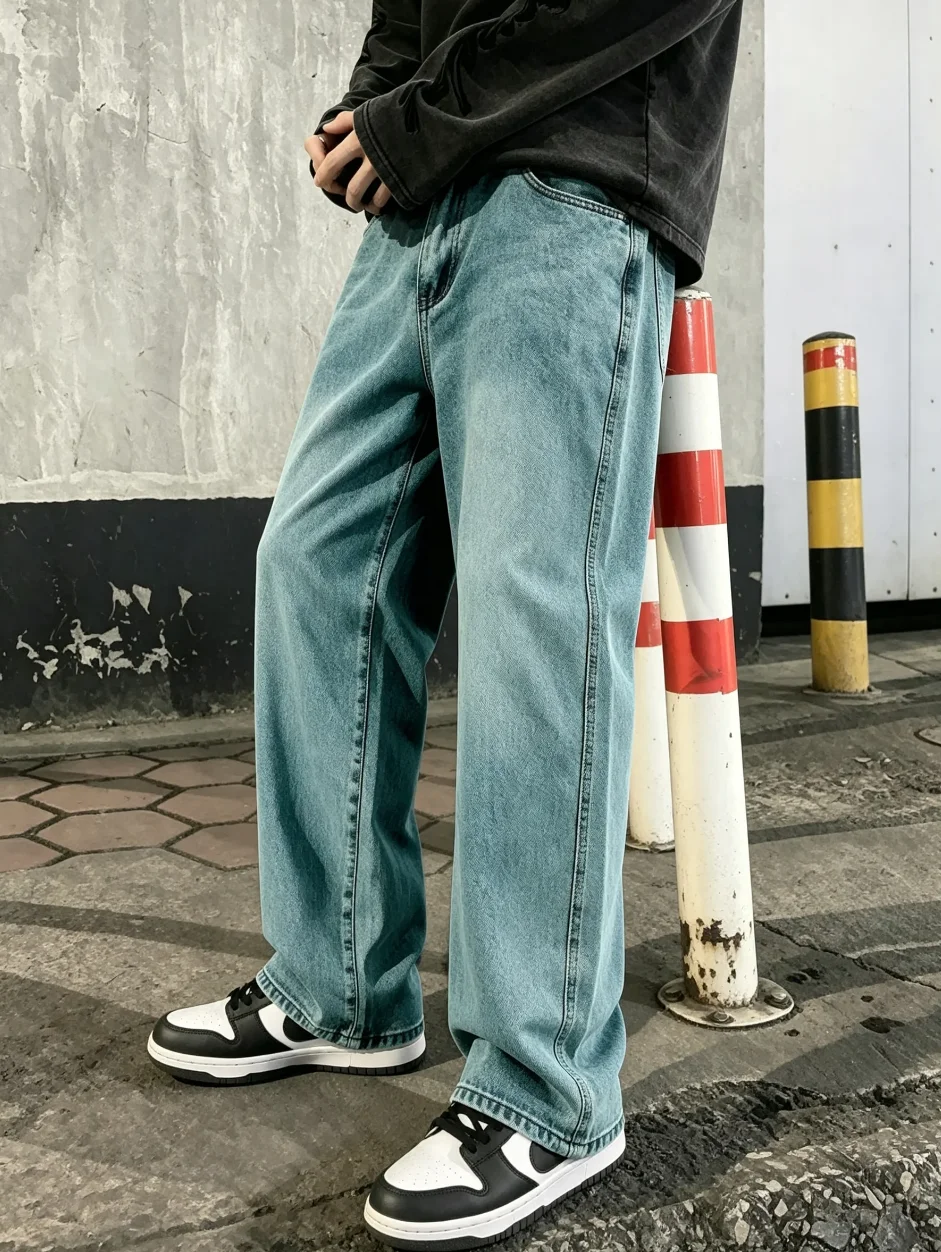 Men's Casual Wide-leg Jeans - Comfortable Cotton Blend, Striped, Nox-stretch Denim for All Seasons